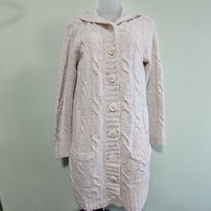 L.L. Bean Long Cream Laine Wool Blend Hooded Cardigan Size M COZY Cottagecore